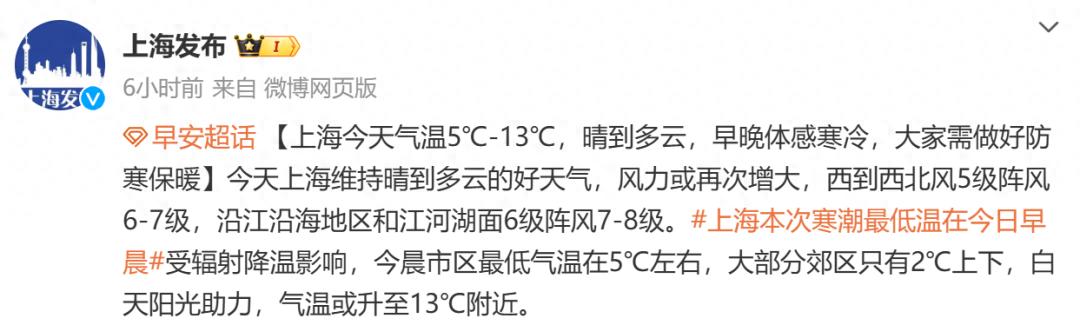 上海寒潮来袭！今晨最低温仅-0.3℃，大风蓝色预警发布，注意防风保暖  第1张