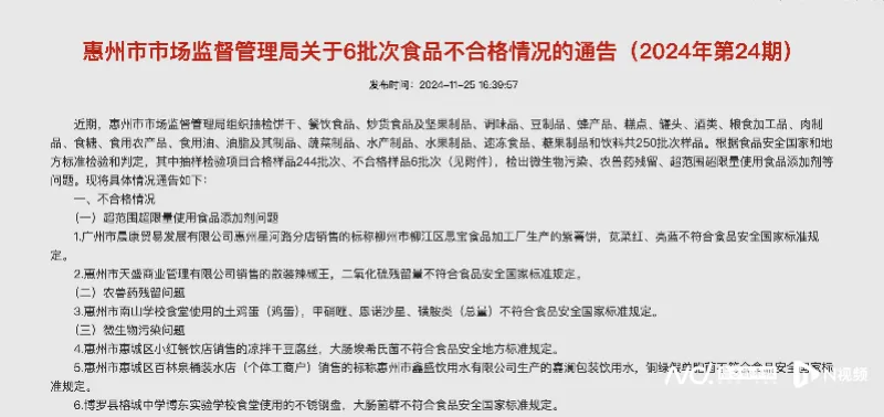 11月25日惠州市场监管局食品安全抽检 739批合格13批不合格 问题有微生物污染等  第1张