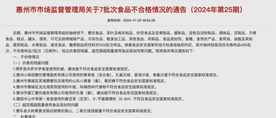 11月25日惠州市场监管局食品安全抽检 739批合格13批不合格 问题有微生物污染等  第2张
