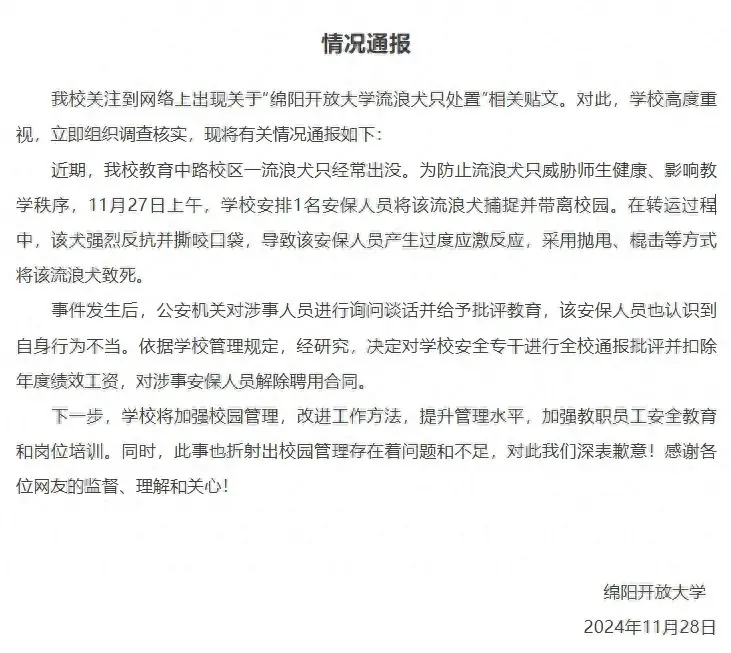 校园保安因处理流浪狗事件被辞退，引发人权与狗权争议